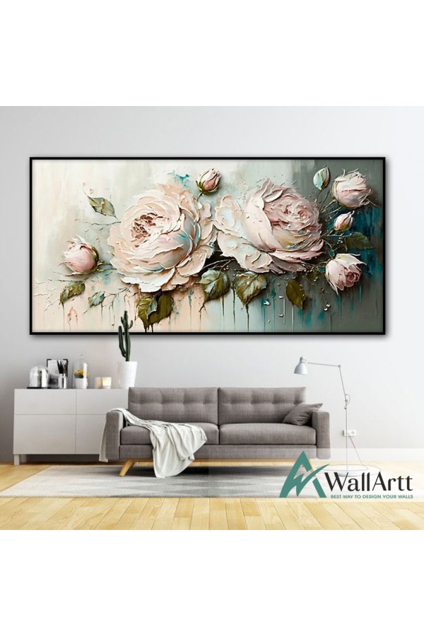 Pale Pink Roses 3d Heavy Textured Partial Oil Painting